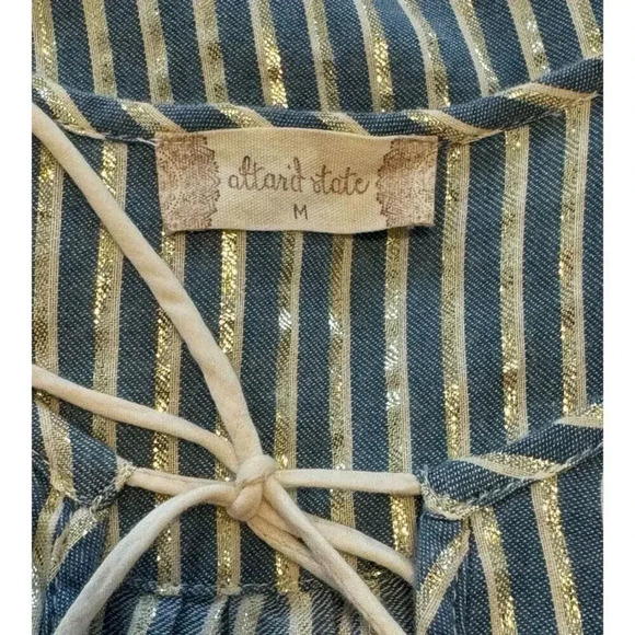 Altar'd State Women’s Medium Blue & Gold Striped Bell Sleeve Blouse with Tassels - Picture 4 of 7